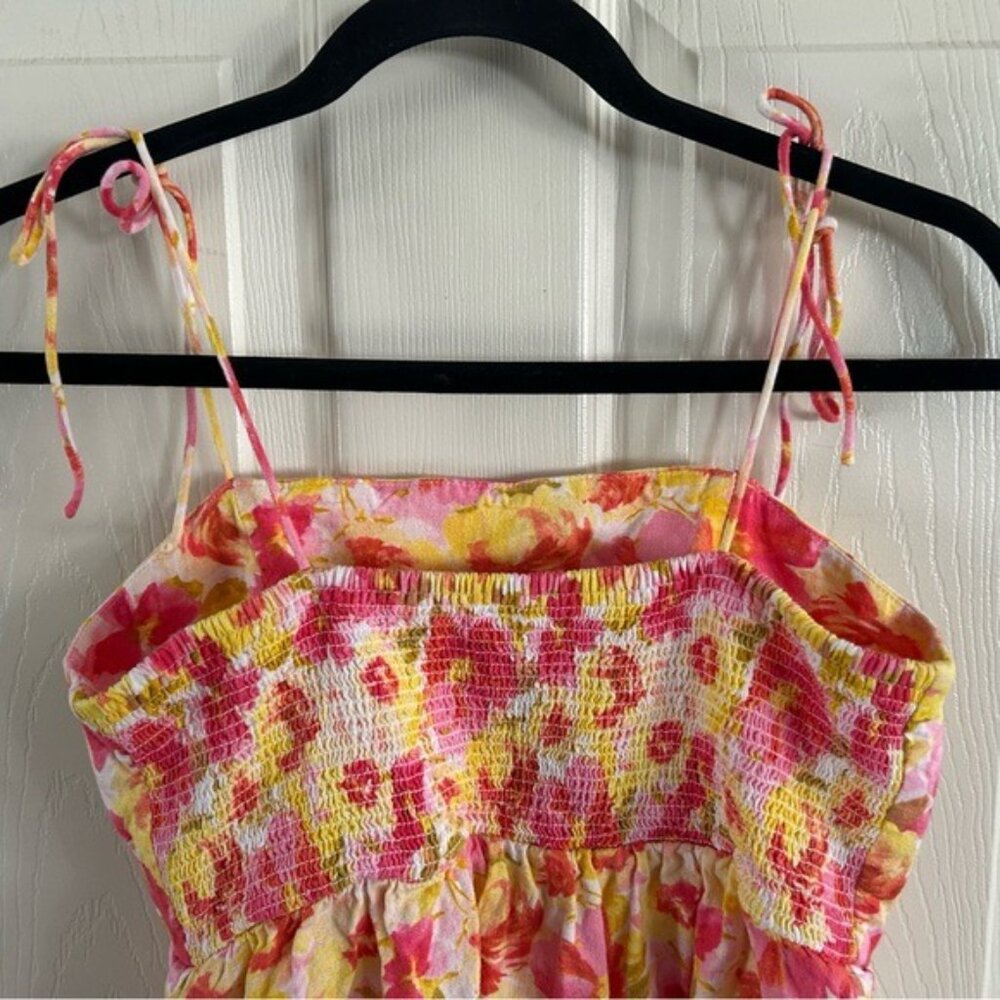 Old Navy Sz Small Yellow Pink Floral Mini Dress Tie Straps Linen Blend Pockets - Picture 11 of 15